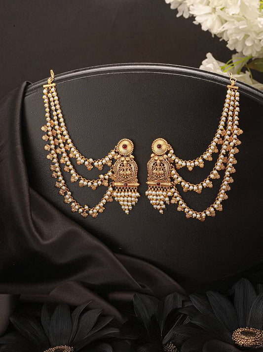 Gold Plated Kemp Stone Studded 3 Layered Pearl Lakshmi Ji Design Temple Matil With Earchain Earrings