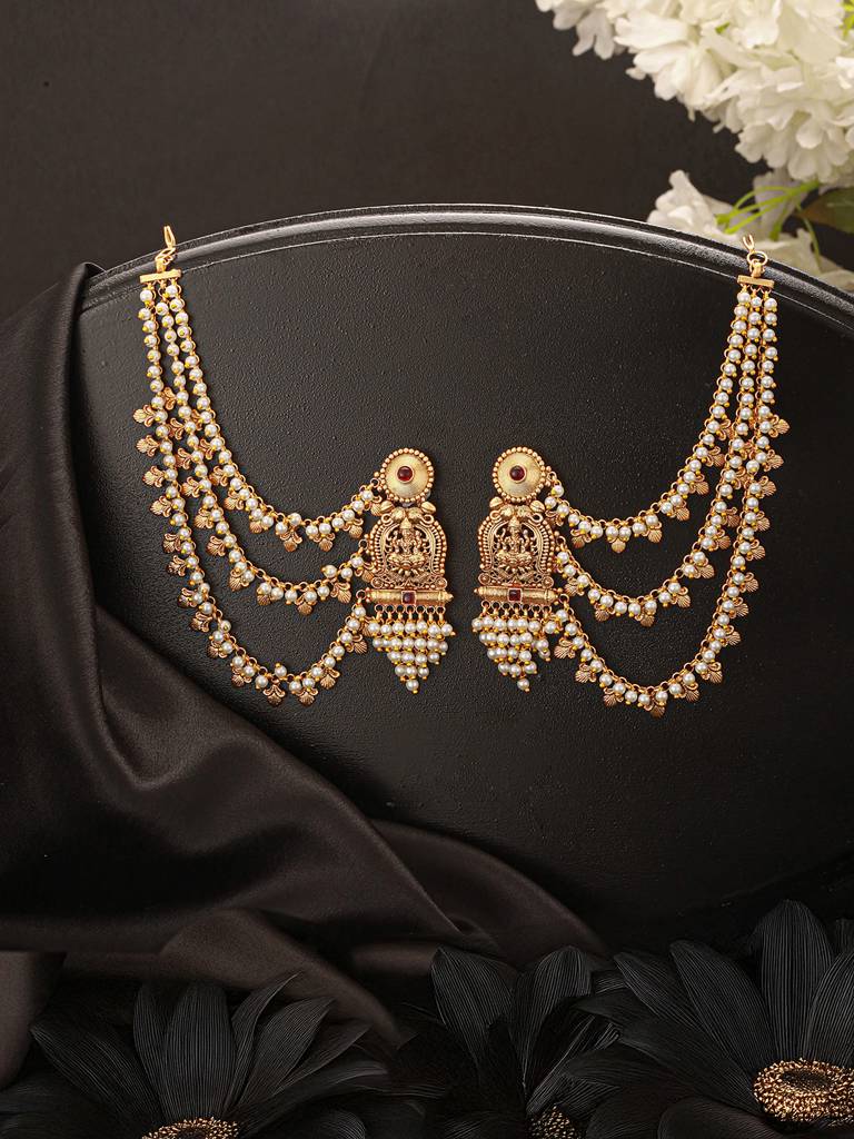 Gold Plated Kemp Stone Studded 3 Layered Pearl Lakshmi Ji Design Temple Matil With Earchain Earrings